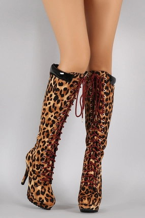 Petite Over Knee High Boots Bamboo Leopard Combat Lace Up Stiletto Platform Boots