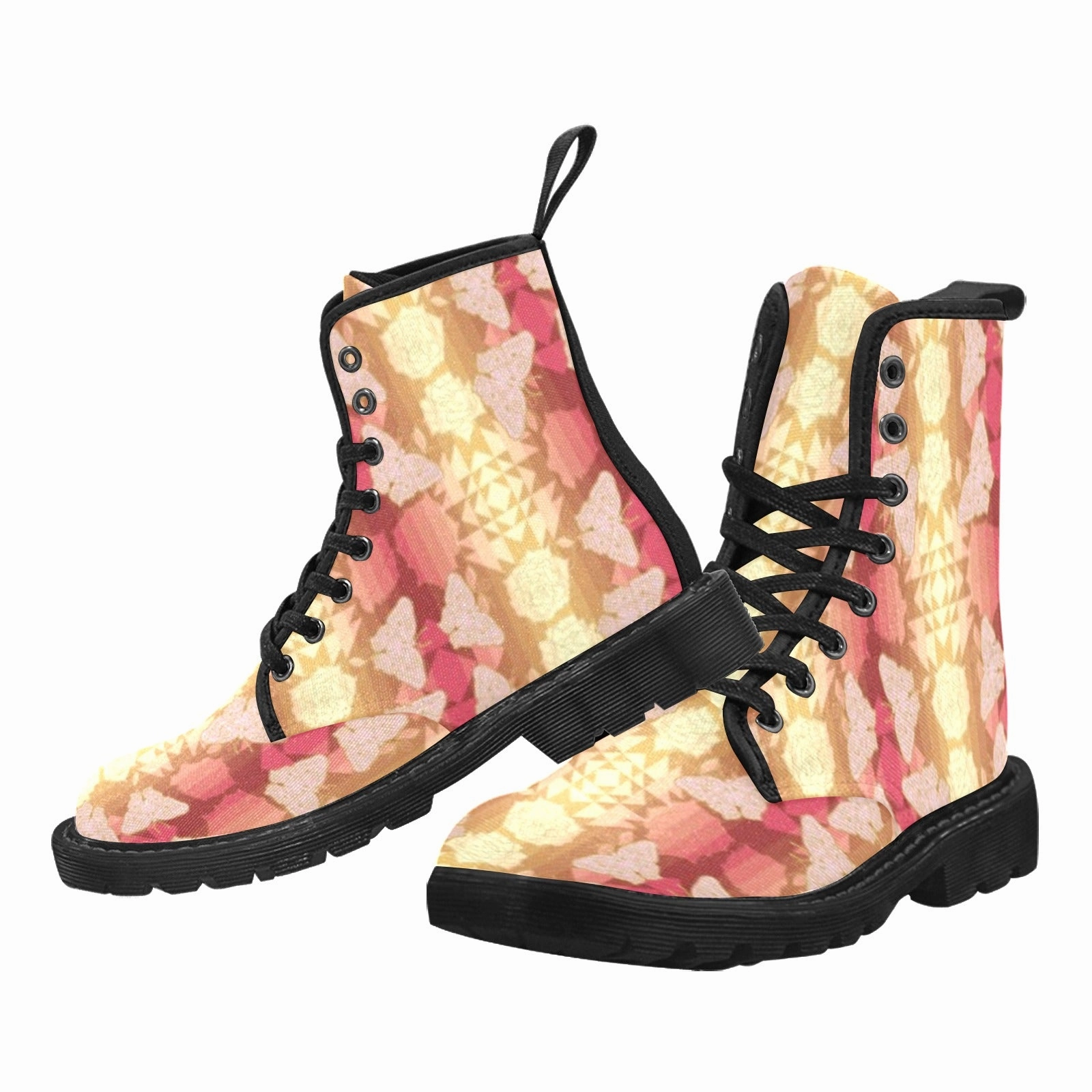 Butterfly and Roses on Geometric Boots for Men (Black) Combat Boots Chunky Sole