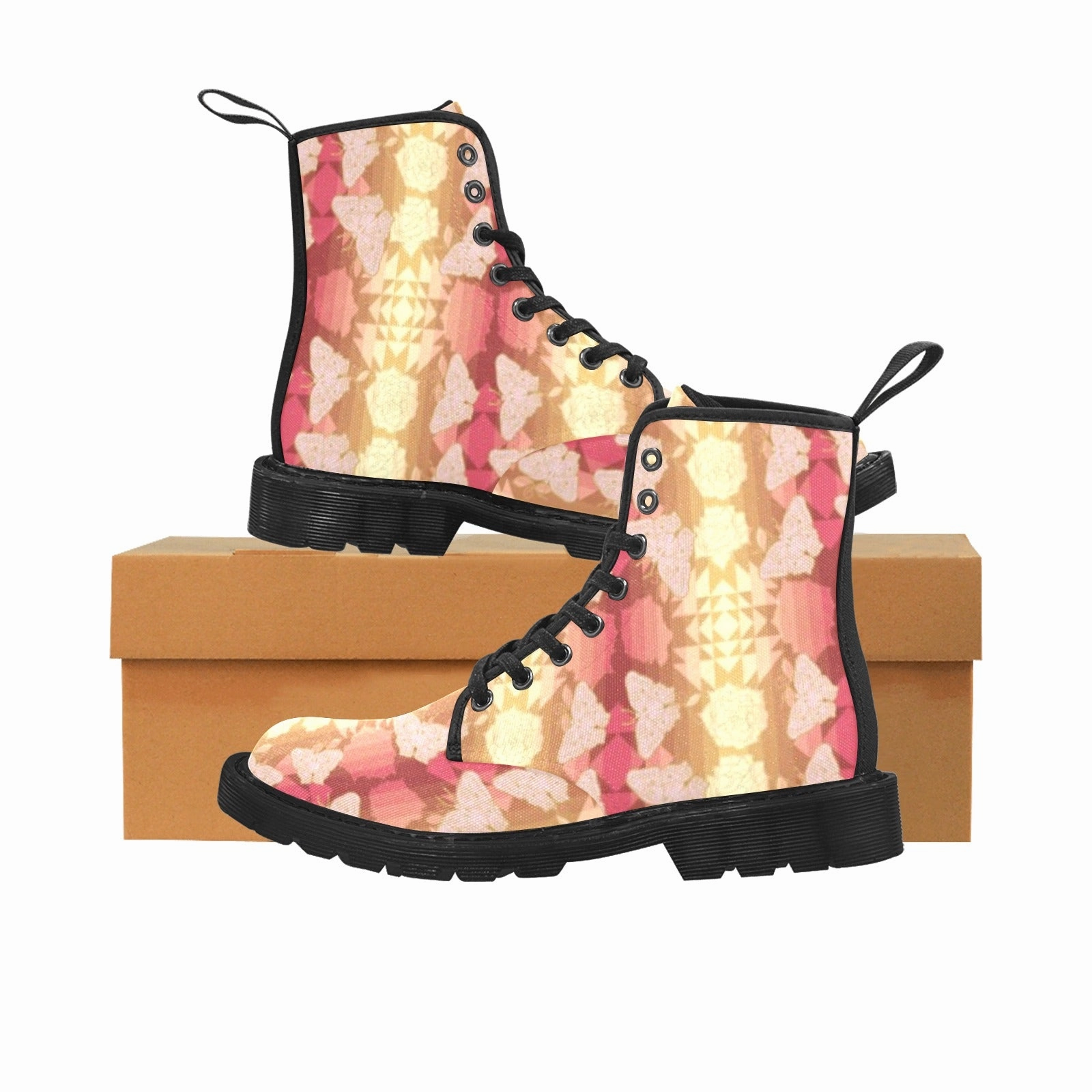 Butterfly and Roses on Geometric Boots for Men (Black) Edgy Combat Boots