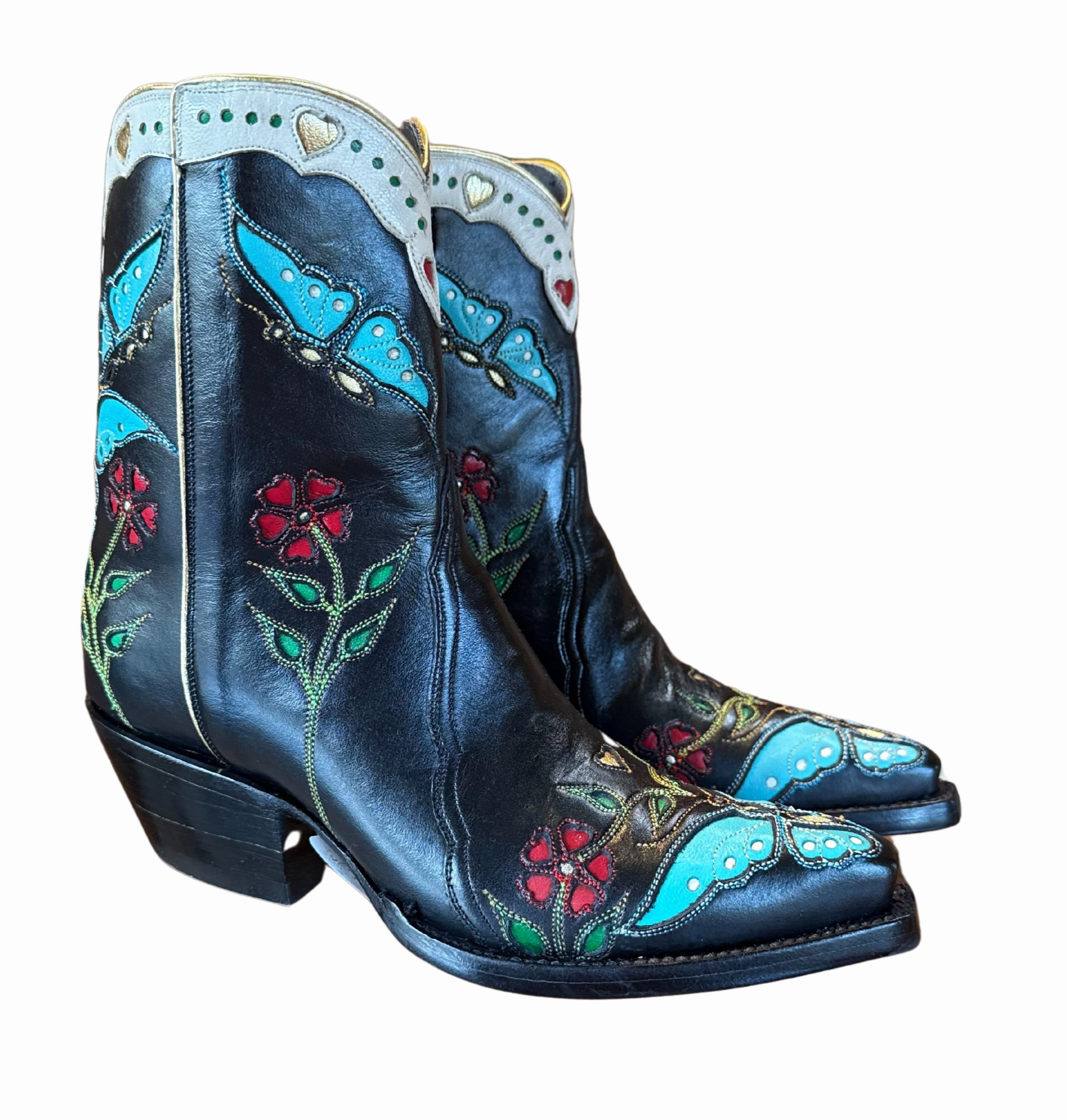 Madam Butterfly Ankle Zipper - Black/Turquoise Ankle Boots With Faux Fur Trim