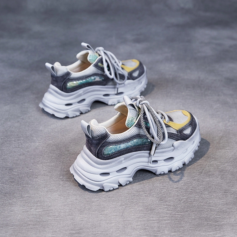 Women Fashion Patchwork Breathable Leather Platform Sneakers Casual Athletic Sneakers