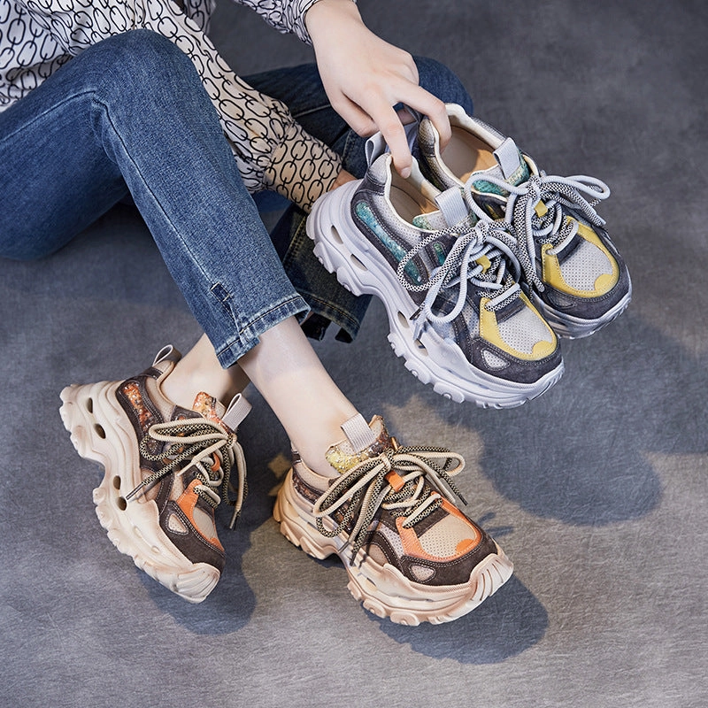 Women Fashion Patchwork Breathable Leather Platform Sneakers Simple Sneakers