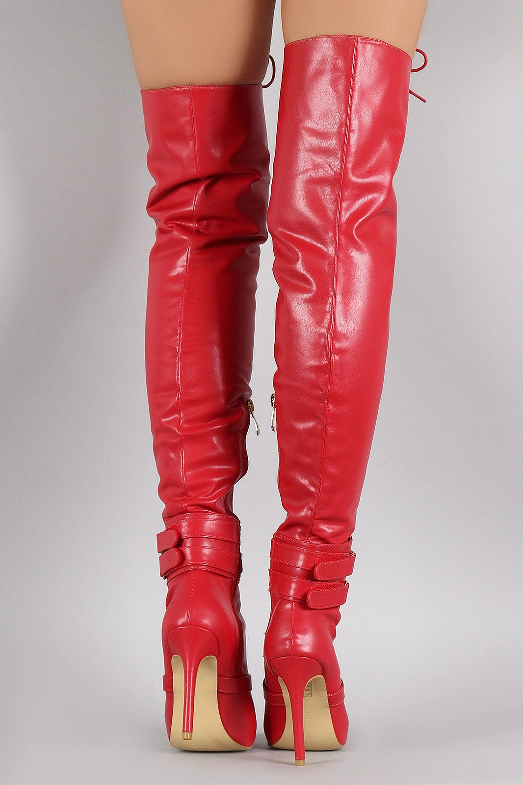 Strapped Corset Pointy Toe Over-The-Knee Stiletto Boots Knee High Boots Leather Flat