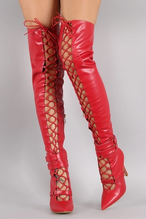 Strapped Corset Pointy Toe Over-The-Knee Stiletto Boots Knee High Boots Open Back