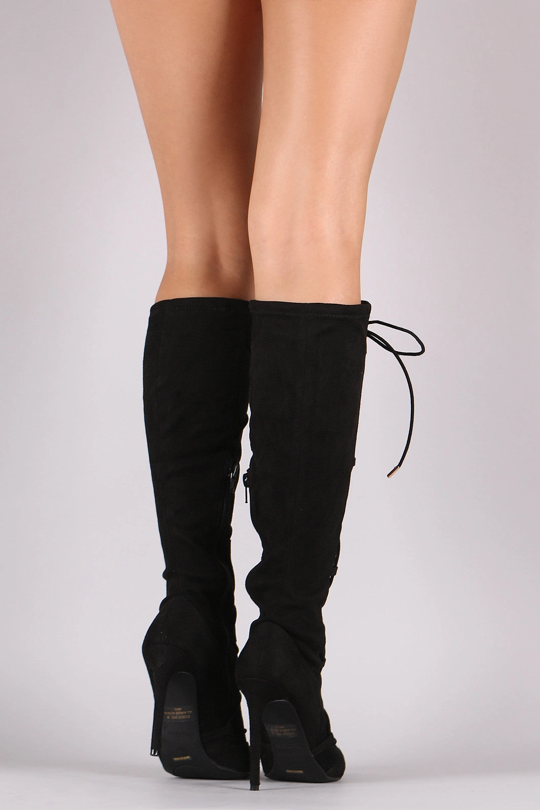 Knee High Chunky Heel Boots Anne Michelle Stretchy Suede Corset Lace Up Boots