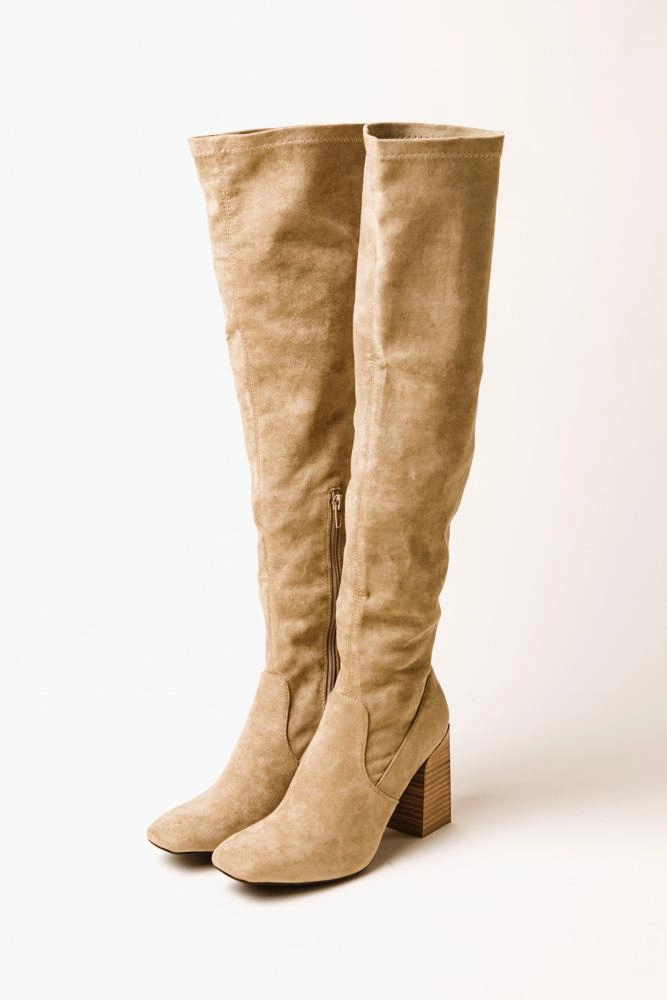 Lace Up Knee High Chunky Heel Boots Faye Knee High Boots in Khaki