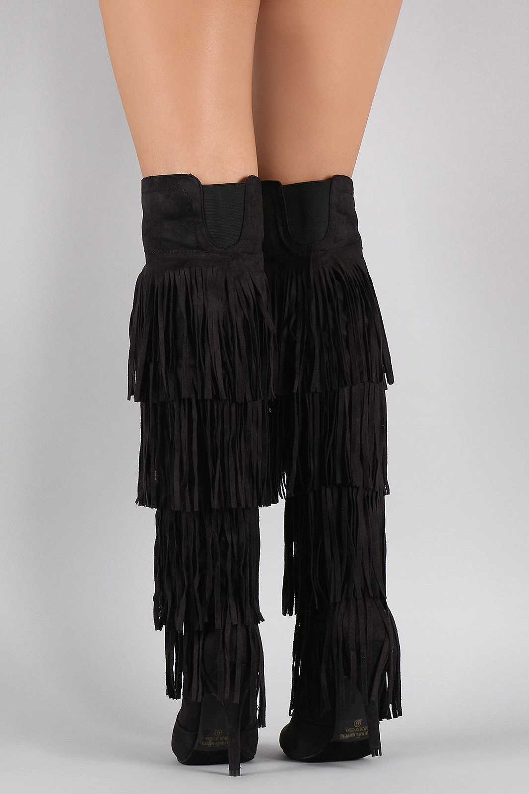 Knee High Leather Hunting Boots Fringe All Around Over-the-Knee Stiletto Boots