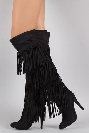 Womens Knee High Boots Fringe All Around Over-the-Knee Stiletto Boots