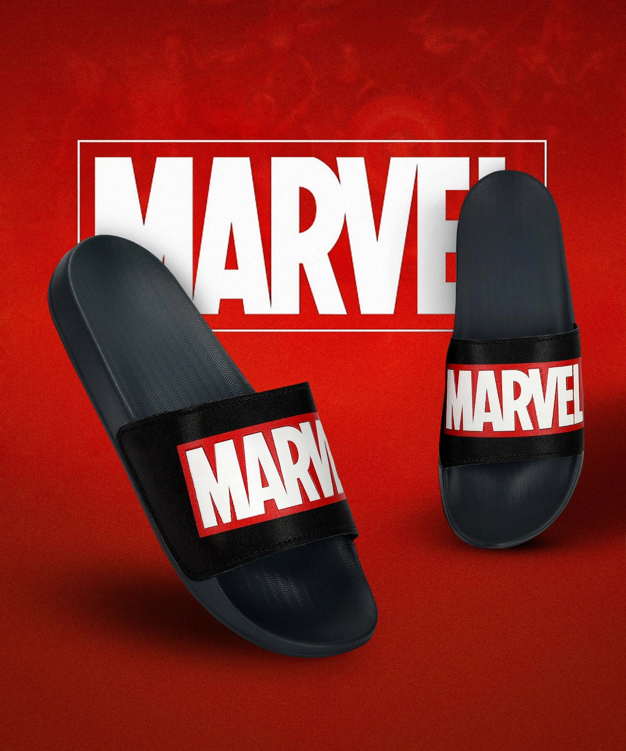 Wide Feet Flip Flops Marvel EVMK10922 Men's Black Sliders | Trendy Sliders with Cushioned & Durable Anti-Skid Construction | Waterproof & Lightweight, Perfect for Everyday Casual Wear
