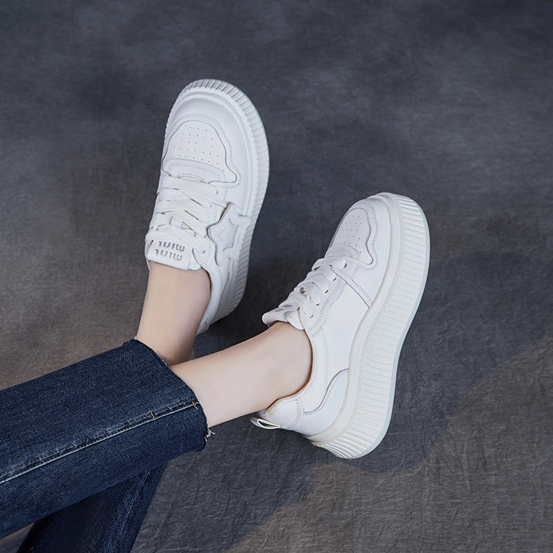Women Plain Embossed Leather Thick Soled Casual Sneakers Sneakers For Seniors