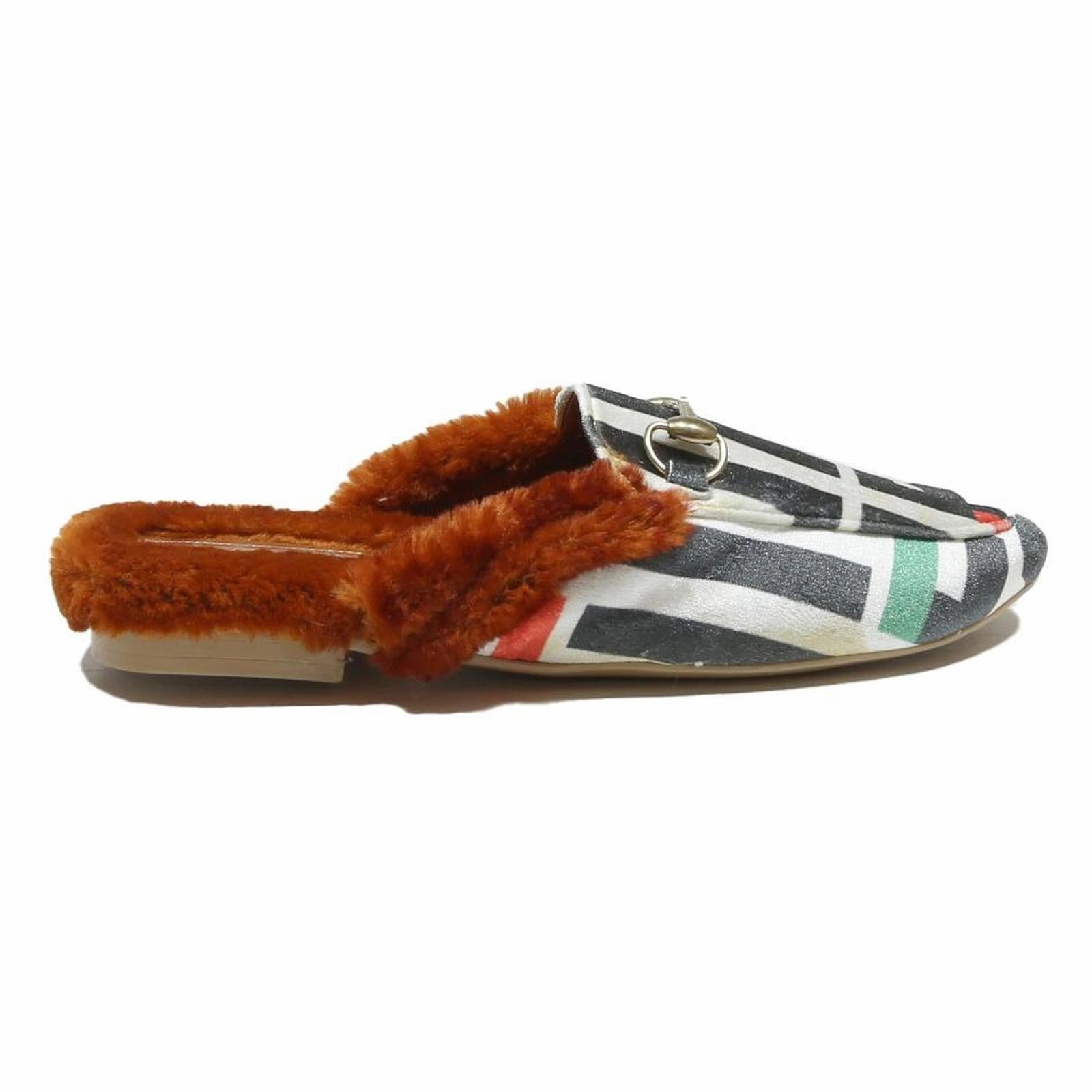 FENDI Logo Print Womens Fur Trim Slip On Mules Synthetic UK 6 Designer Footwear Fuzzy Mule Shoes