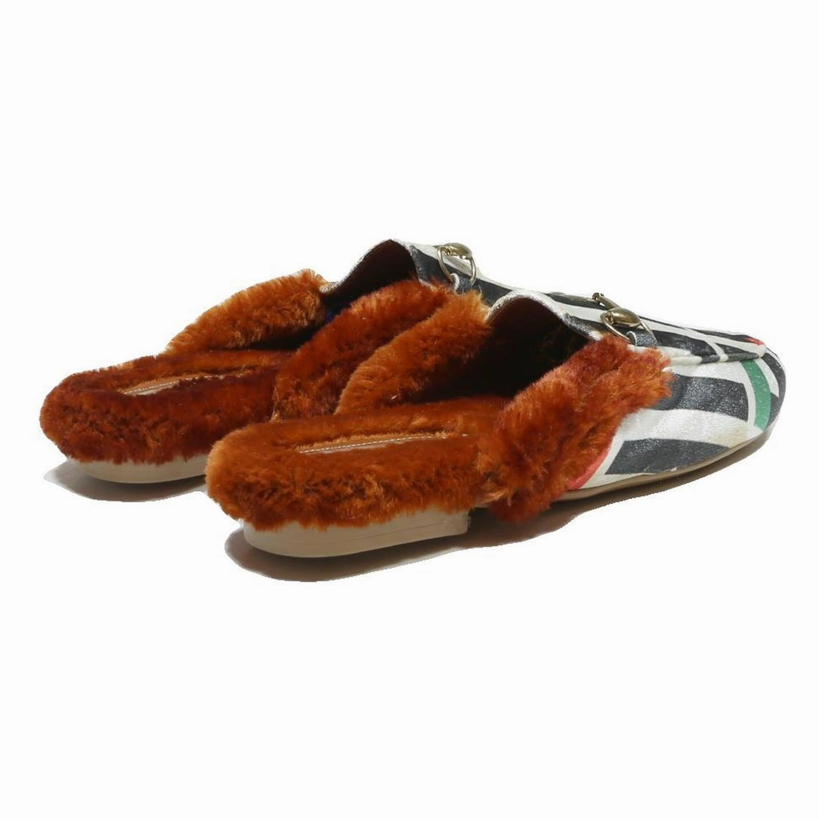 FENDI Logo Print Womens Fur Trim Slip On Mules Synthetic UK 6 Designer Footwear Plasticana Mules
