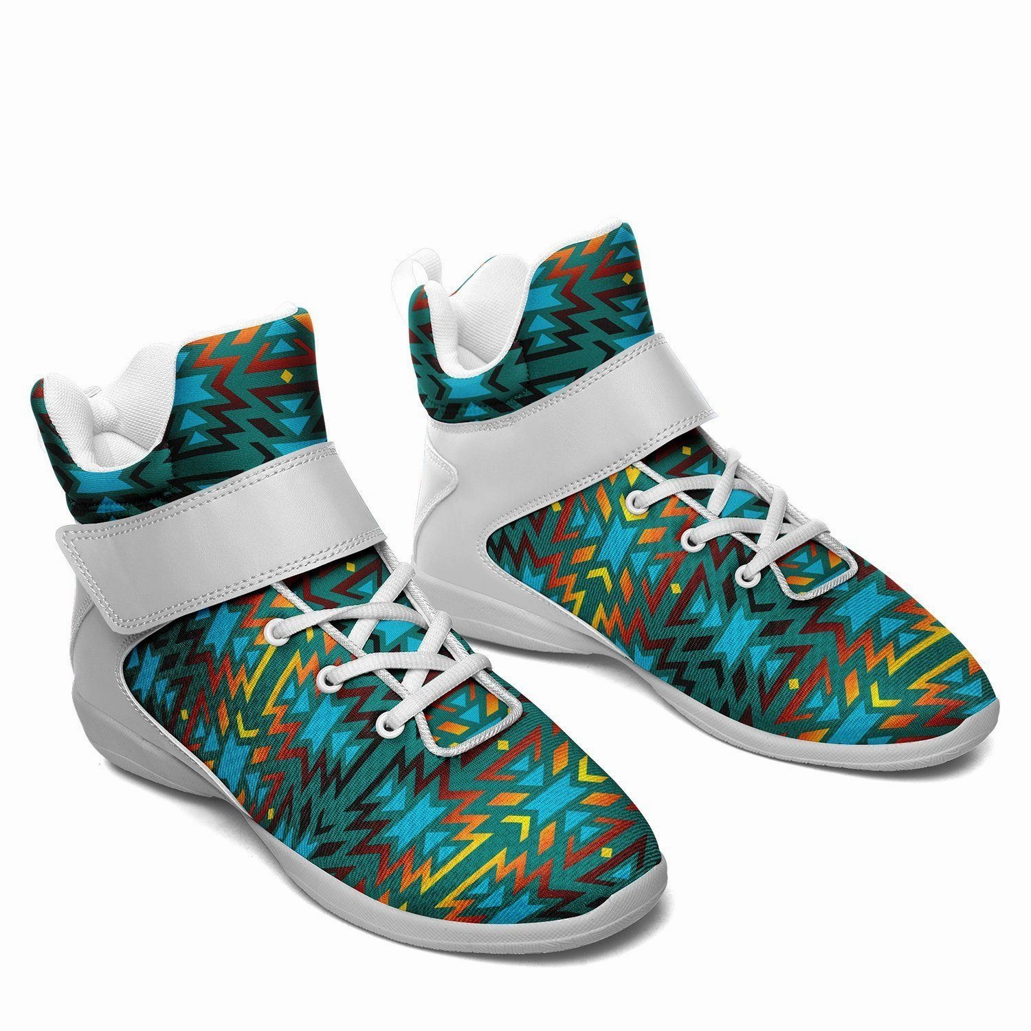 Fire Colors and Turquoise Teal Ipottaa Basketball / Sport High Top Shoes - White Sole Basketball Shoes For Low Cut