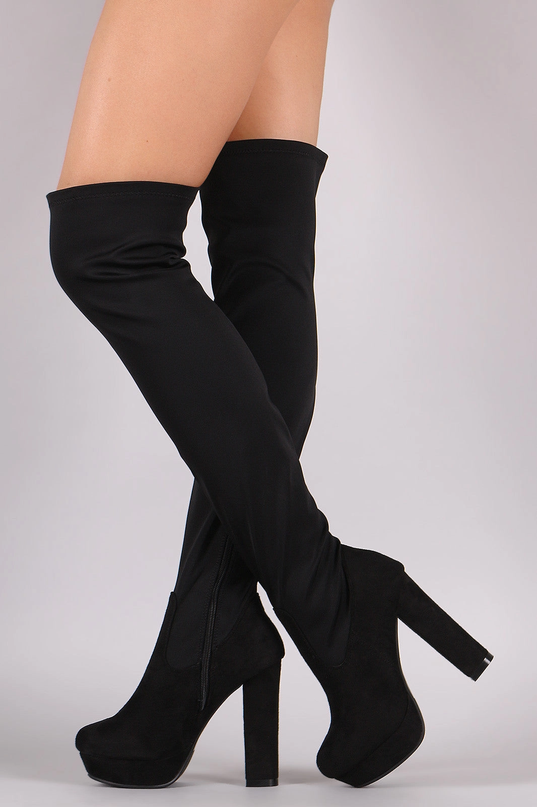 Wide Toe Knee High Boots Fitted Chunky Heeled Over The Knee Platform Boots