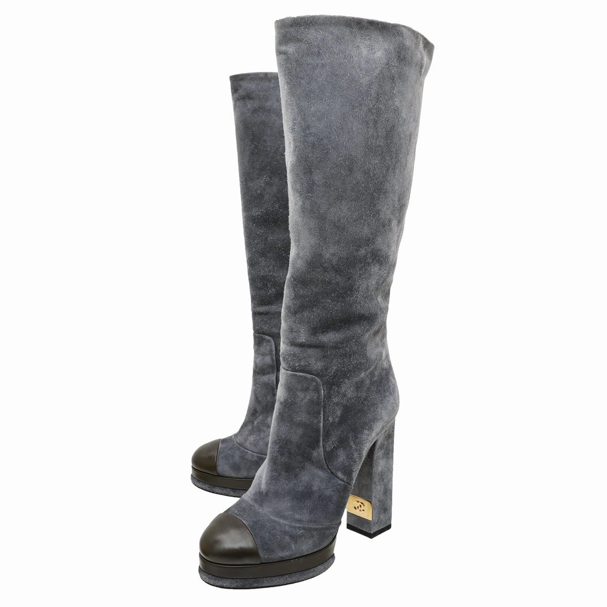 Raakel Knee High Boot Chanel Gray CC Cap Toe Suede Knee High Platform Boots 38
