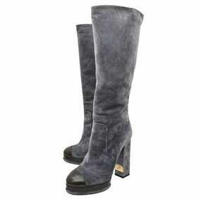 Chanel Gray CC Cap Toe Suede Knee High Platform Boots 38 Platform Heel Boots Knee High