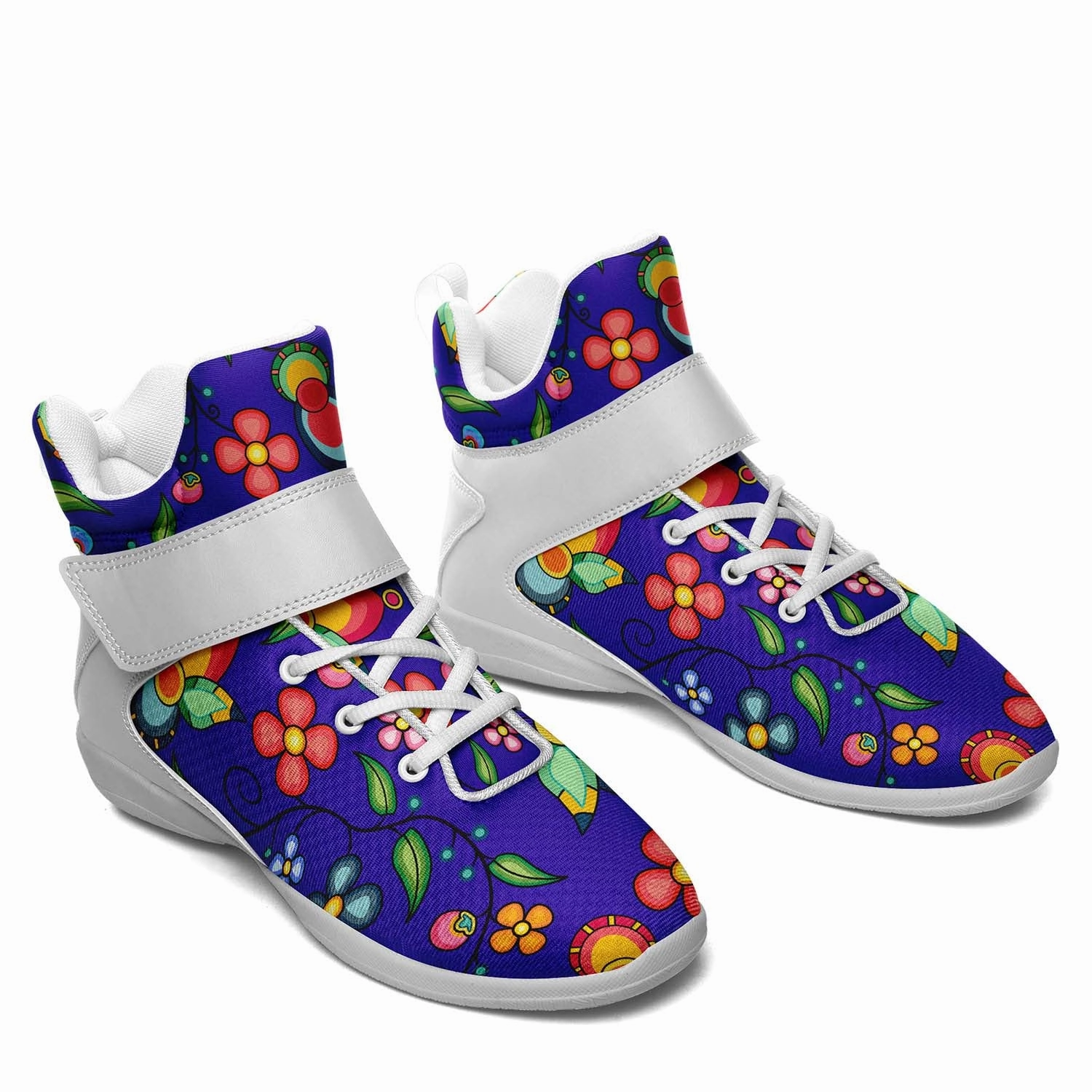 Floral Bounty Blue Ipottaa Basketball / Sport High Top Shoes - White Sole Best Everyday Basketball Shoes