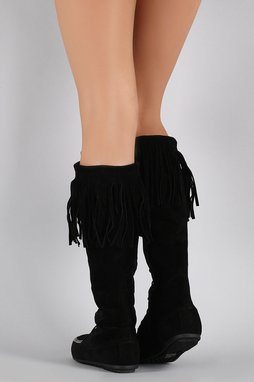 Hardware Leather Knee High Boots Fringe Cuff Lace Up Moccasin Flat Boots