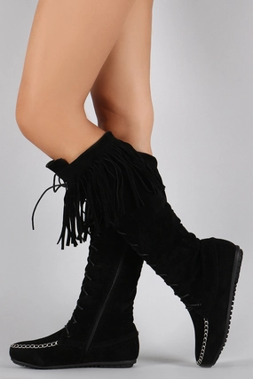 Fringe Cuff Lace Up Moccasin Flat Boots Knee High Boots Goth