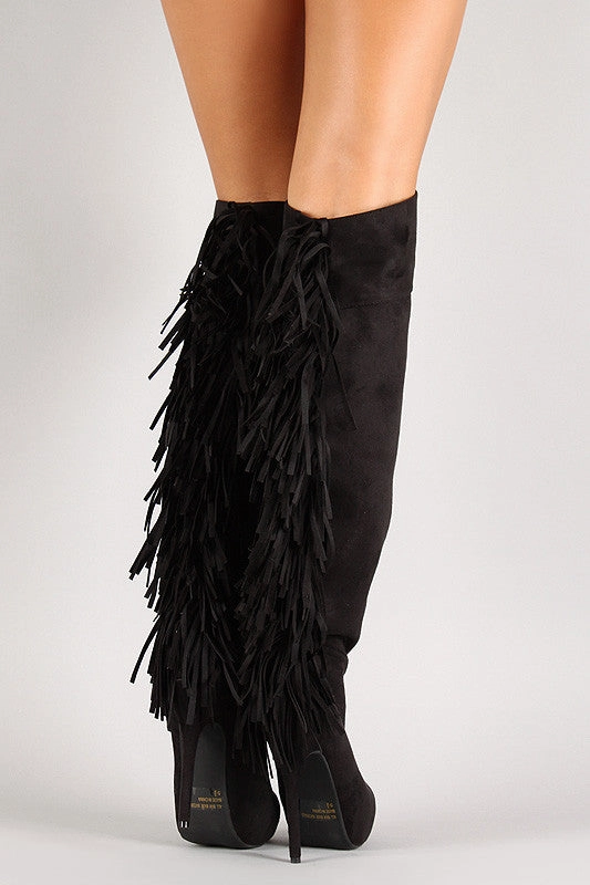 Fringe Stiletto Platform Thigh High Boot Suede Knee High Slouch Boots
