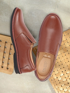 Men Tan Textured Formal/Office Broad Toe Leather Slip On Shoes Best Work Boots For Walking On Concrete All Day