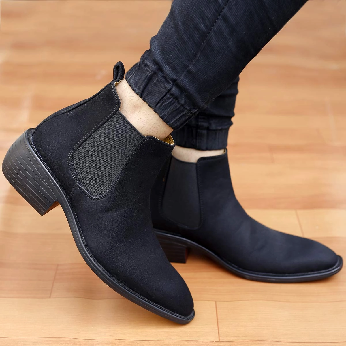 Height Increasing Suede Material Black Casual Chelsea Boots For Men-JonasParamount Mid-calf Chelsea Boots
