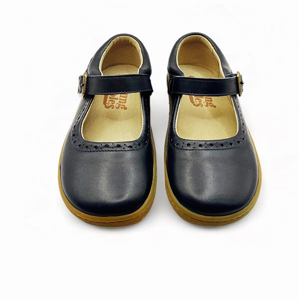 Holly Mary Jane Kids Barefoot Shoe Navy Leather Mary Jane Shoes With Flowers