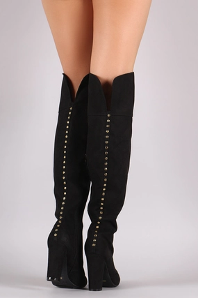 Bamboo Suede Studded Back Chunky Heeled Boots Knee High Boots Fit Wide Calf