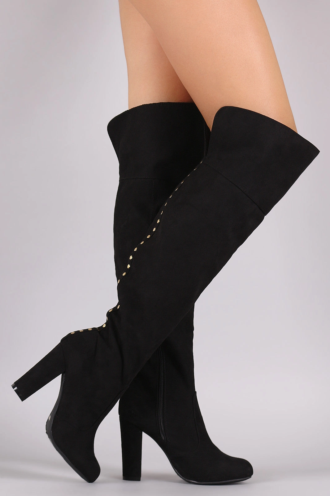 Knee High Boots With Good Grip Bamboo Suede Studded Back Chunky Heeled Boots