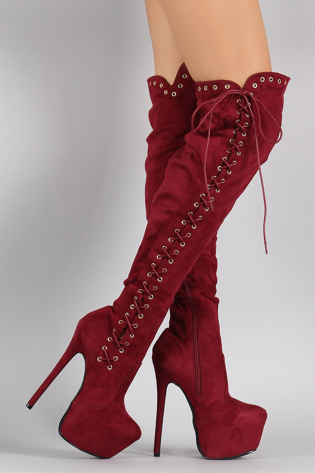 Knee High Rubber Boots Suede Corset Lace Up Metal Eyelet Chunky Hidden Platform Stiletto Boots