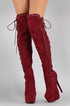 Suede Corset Lace Up Metal Eyelet Chunky Hidden Platform Stiletto Boots Knee High Boots With Leather Jacket