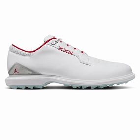 Jordan ADG 5 Golf Shoes White/Fire Red/Metallic Silver/Blue Tint Youth Golf Shoe