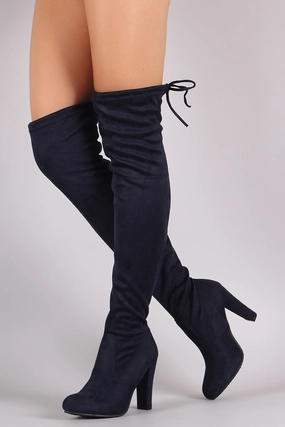 Knee High Boots Extra Wide Suede Drawstring Tie Almond Toe Heeled Boots