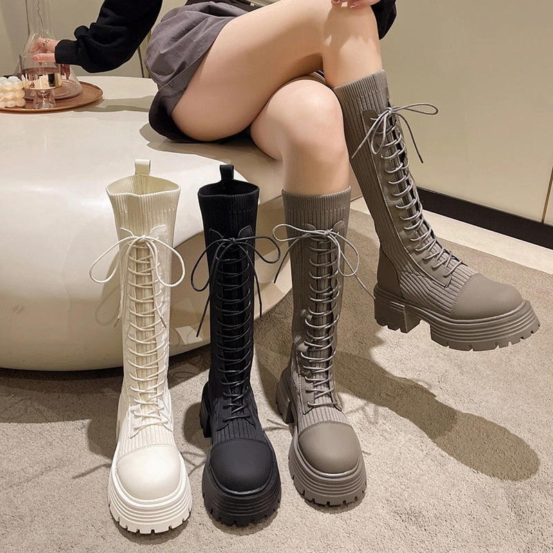 Knit Platform Knee High Boots Square Heel Knee High Boots
