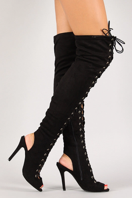 Lace Up Back Cut Out Over The Knee Boot Knee High Boots With Heel Wide Calf