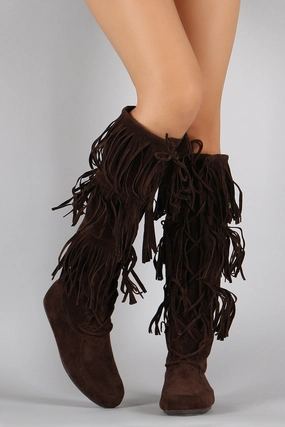 Lace Up Suede Fringe Knee High Boots Winter Knee High Boots Sale