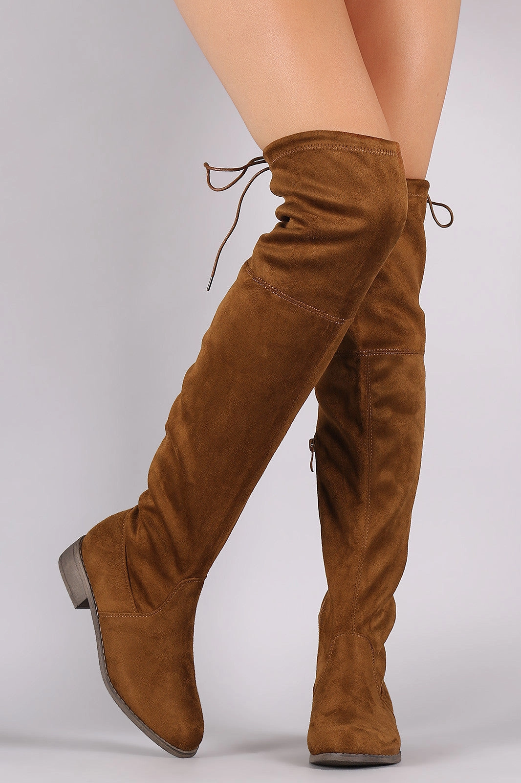 Round Toe Drawstring Tie Riding Suede Over-The-Knee Boots 70s Vintage Boots Knee High