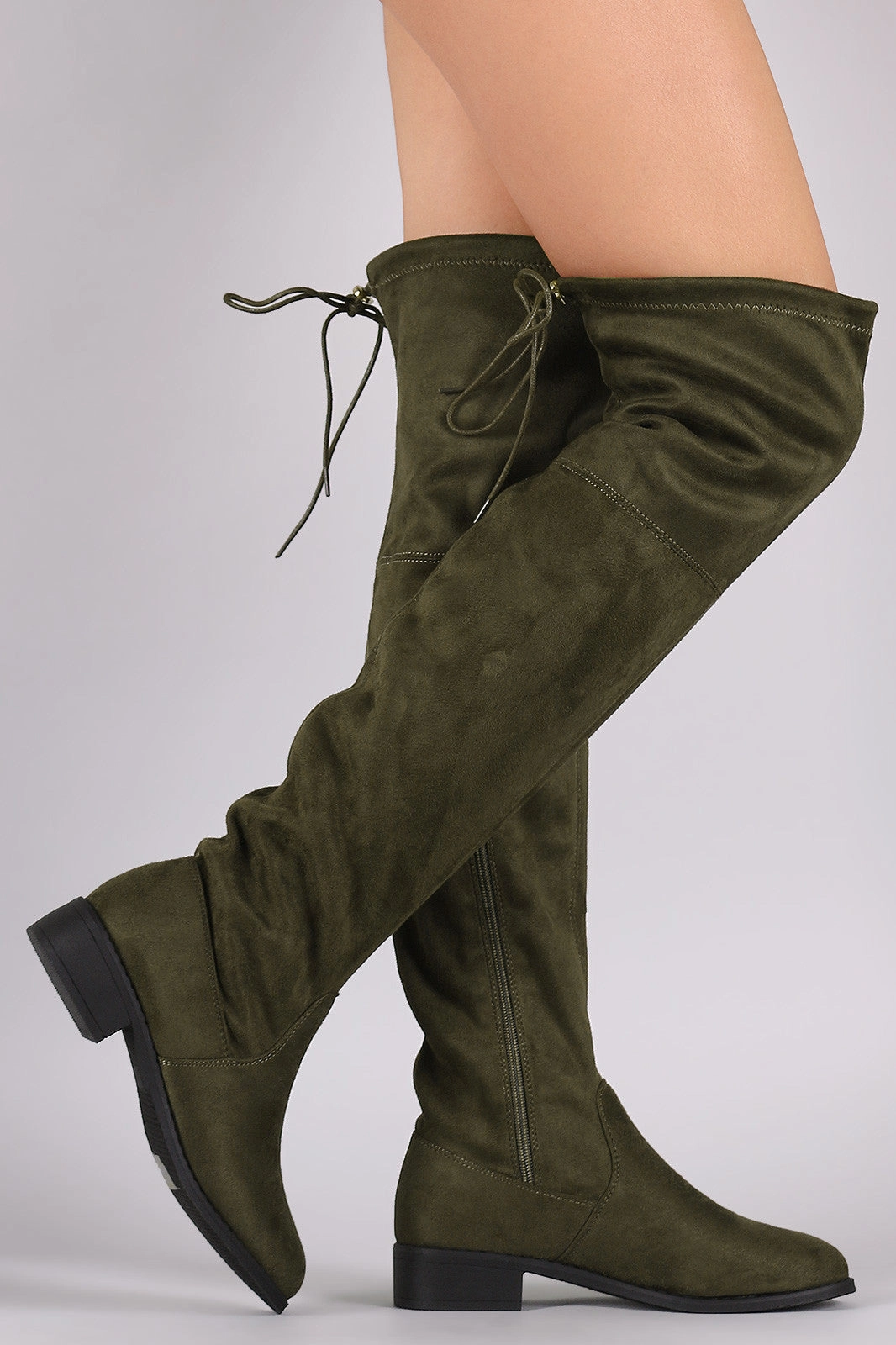Knee High No Heel Boots Round Toe Drawstring Tie Riding Suede Over-The-Knee Boots