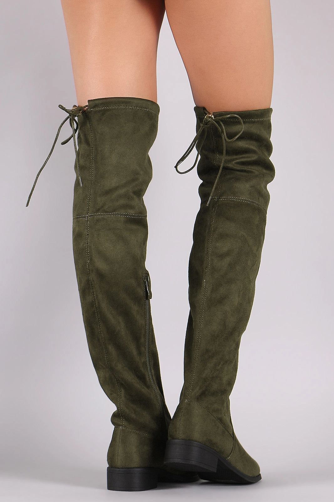 Round Toe Drawstring Tie Riding Suede Over-The-Knee Boots Black Lace Knee High Boots