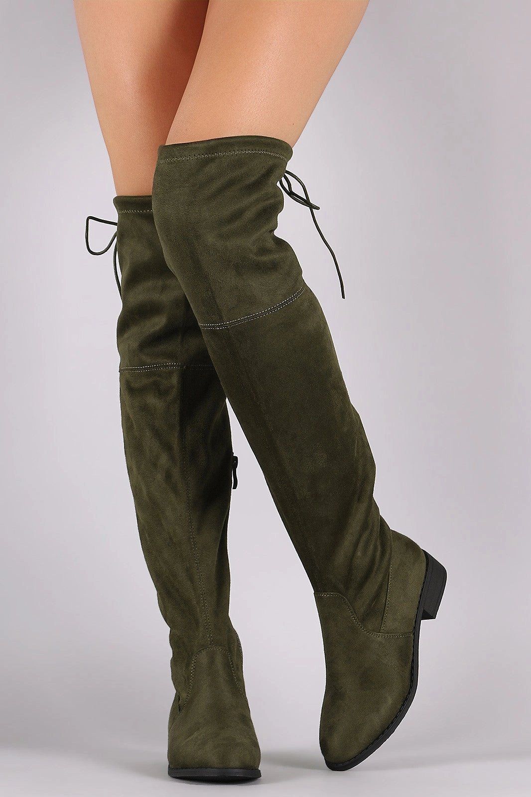 Square Front Knee High Boots Round Toe Drawstring Tie Riding Suede Over-The-Knee Boots