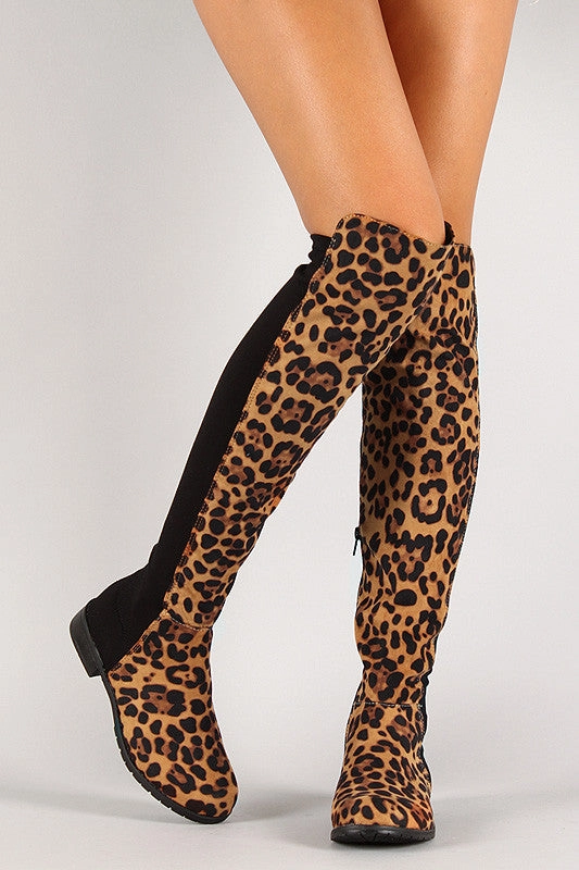 Leopard Round Toe Riding Thigh High Boot Knee High Army Boots