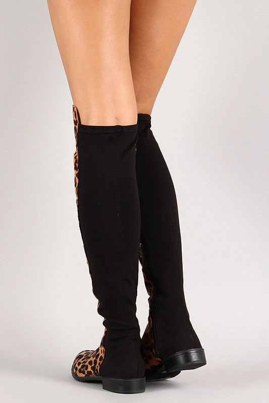 Leopard Round Toe Riding Thigh High Boot Suede Wedge Boots Knee High