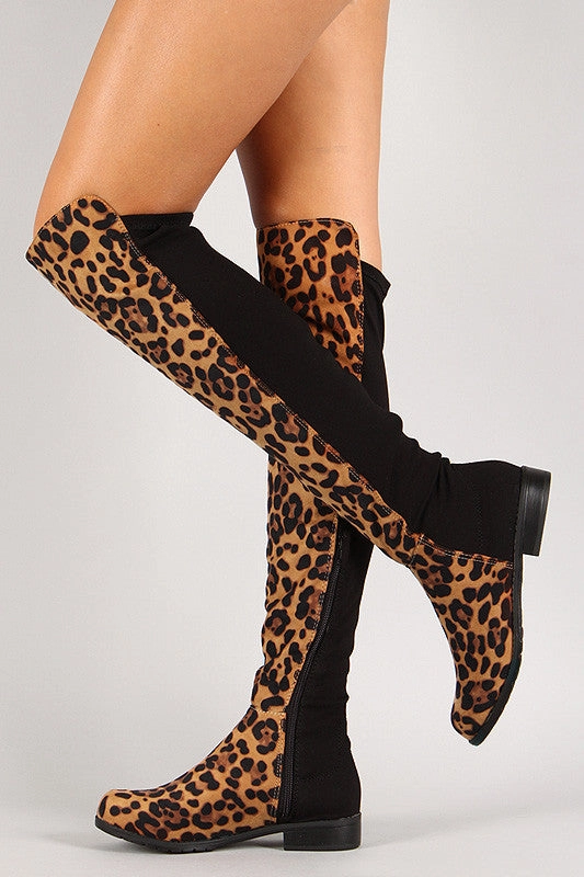 Leopard Round Toe Riding Thigh High Boot Knee High Lace Up Hunting Boots