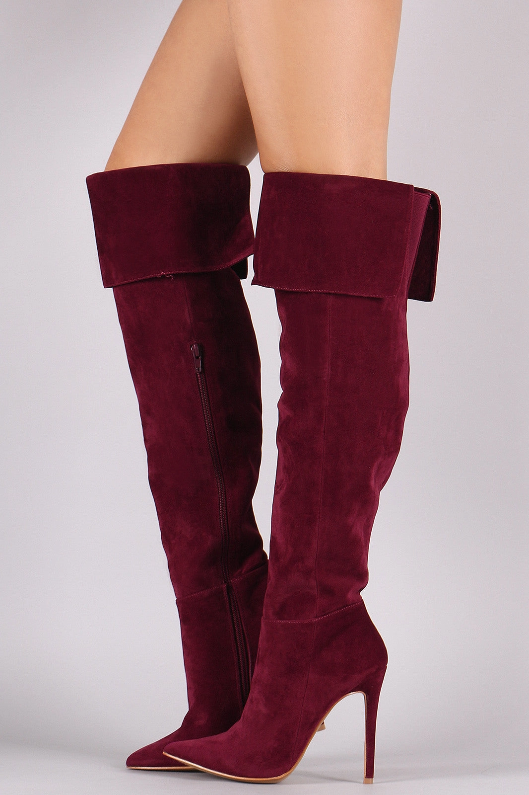 Drawstring Knee High Boots Shoe Republic LA Suede Cuff Pointy Toe Stiletto Boots
