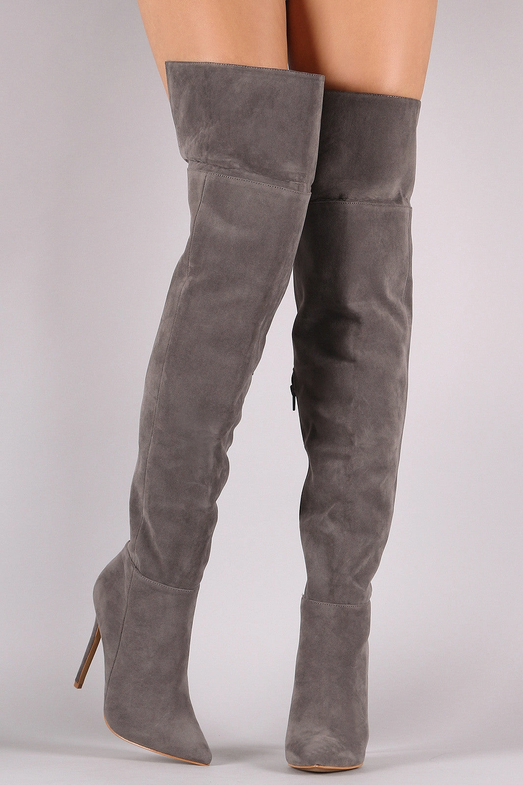 Shoe Republic LA Suede Cuff Pointy Toe Stiletto Boots Knee High Latex Boots