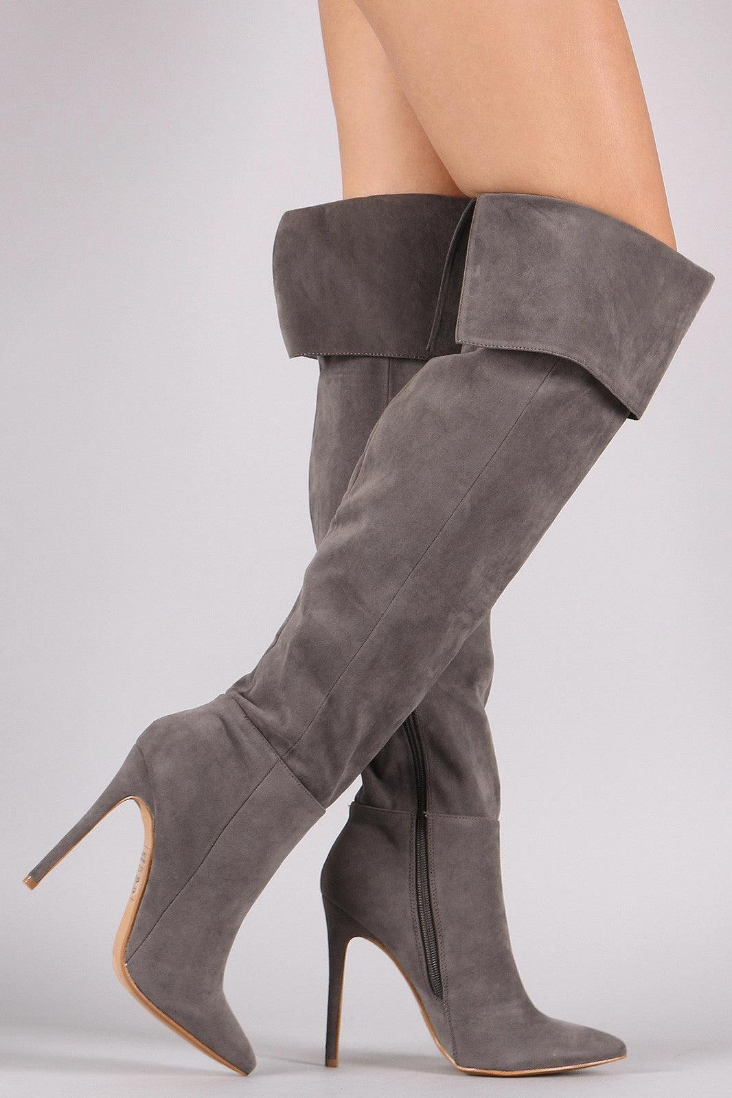 Shoe Republic LA Suede Cuff Pointy Toe Stiletto Boots The Knee-high Banana Heel Boot