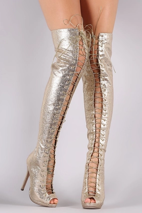Liliana Cracked Metallic Lace Up Stiletto Heeled Over-The-Knee Boots Knee High Boots With Elastic Panel