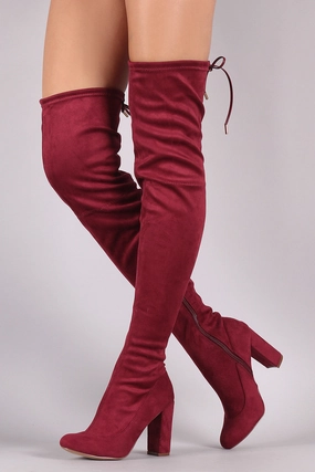 Liliana Suede Drawstring Tie Chunky Heeled Over-The-Knee Boots Extra Calf Fit Knee High Boots