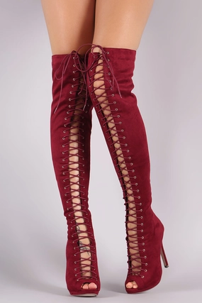 Liliana Suede Lace Up Stiletto Heeled Over-The-Knee Boots Suede Knee High Platform Boots