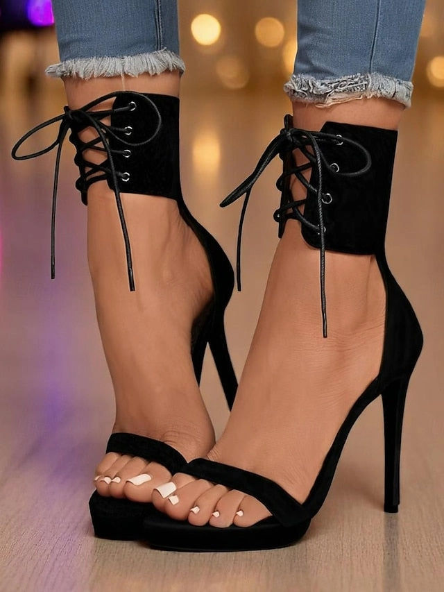Lace-Up High Black Heel Sexy Ankle Sandals Women's - Strap Ankle Boots With Wide Leg Jeans